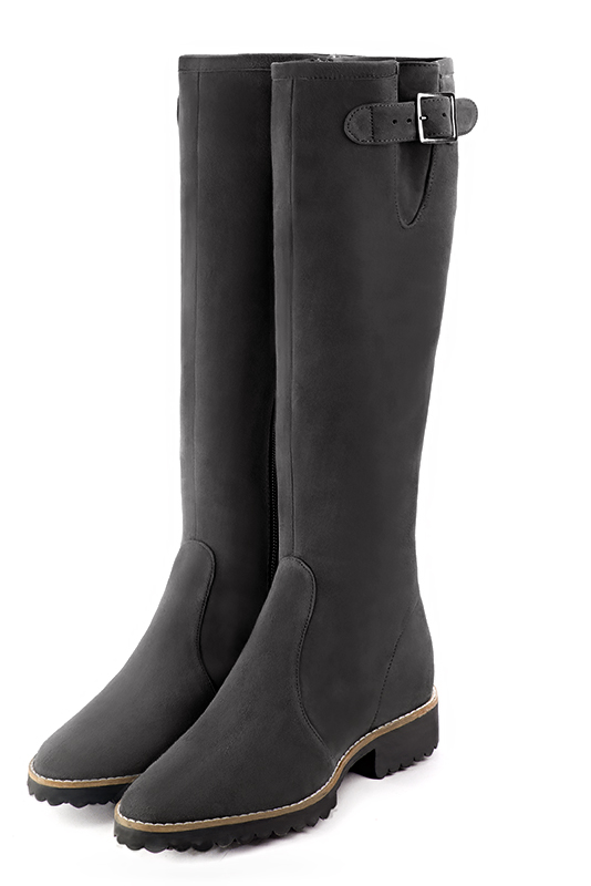 French elegance and refinement for these dark grey knee-high boots with buckles, 
                available in many subtle leather and colour combinations. Record your foot and leg measurements.
We will adjust this beautiful boot with inner zip to your leg measurements in height and width.
The outer buckle allows for width adjustment.
You can customise the boot with your own materials, colours and heels on the "My Favourites" page.
 
                Made to measure. Especially suited to thin or thick calves.
                Matching clutches for parties, ceremonies and weddings.   
                You can customize these knee-high boots to perfectly match your tastes or needs, and have a unique model.  
                Choice of leathers, colours, knots and heels. 
                Wide range of materials and shades carefully chosen.  
                Rich collection of flat, low, mid and high heels.  
                Small and large shoe sizes